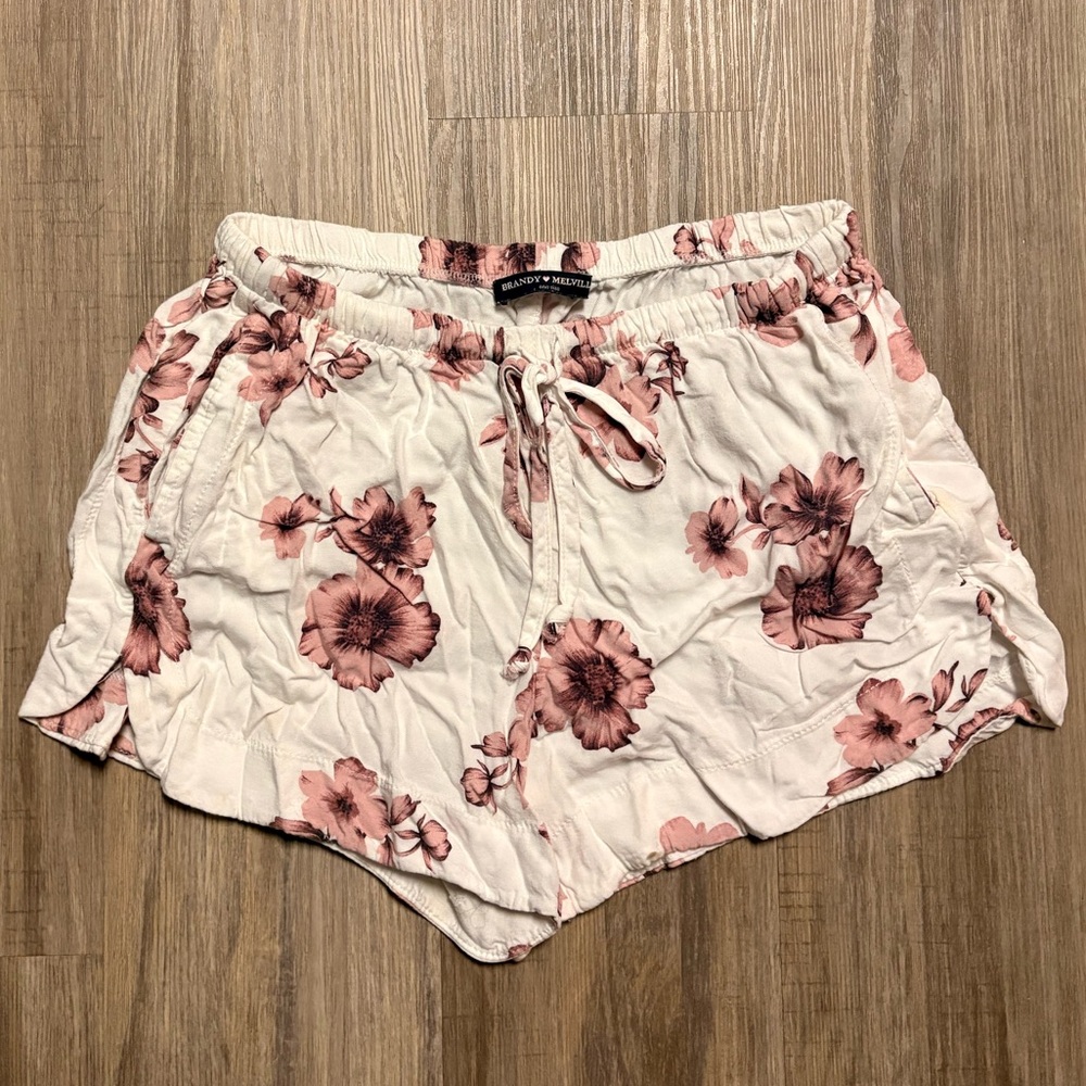 Brandy Melville White and Pink Floral Shorts